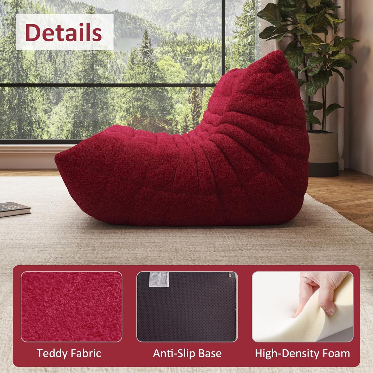 Bean Bag Chair, Oversized Loveseat Fireside Chair for Adults, 2 Seater with Memory Foam Filled, Lazy Sofa Lounge Floor Sofa for Living Room, Bedroom, Office, No Assembly Required. (Burgundy)