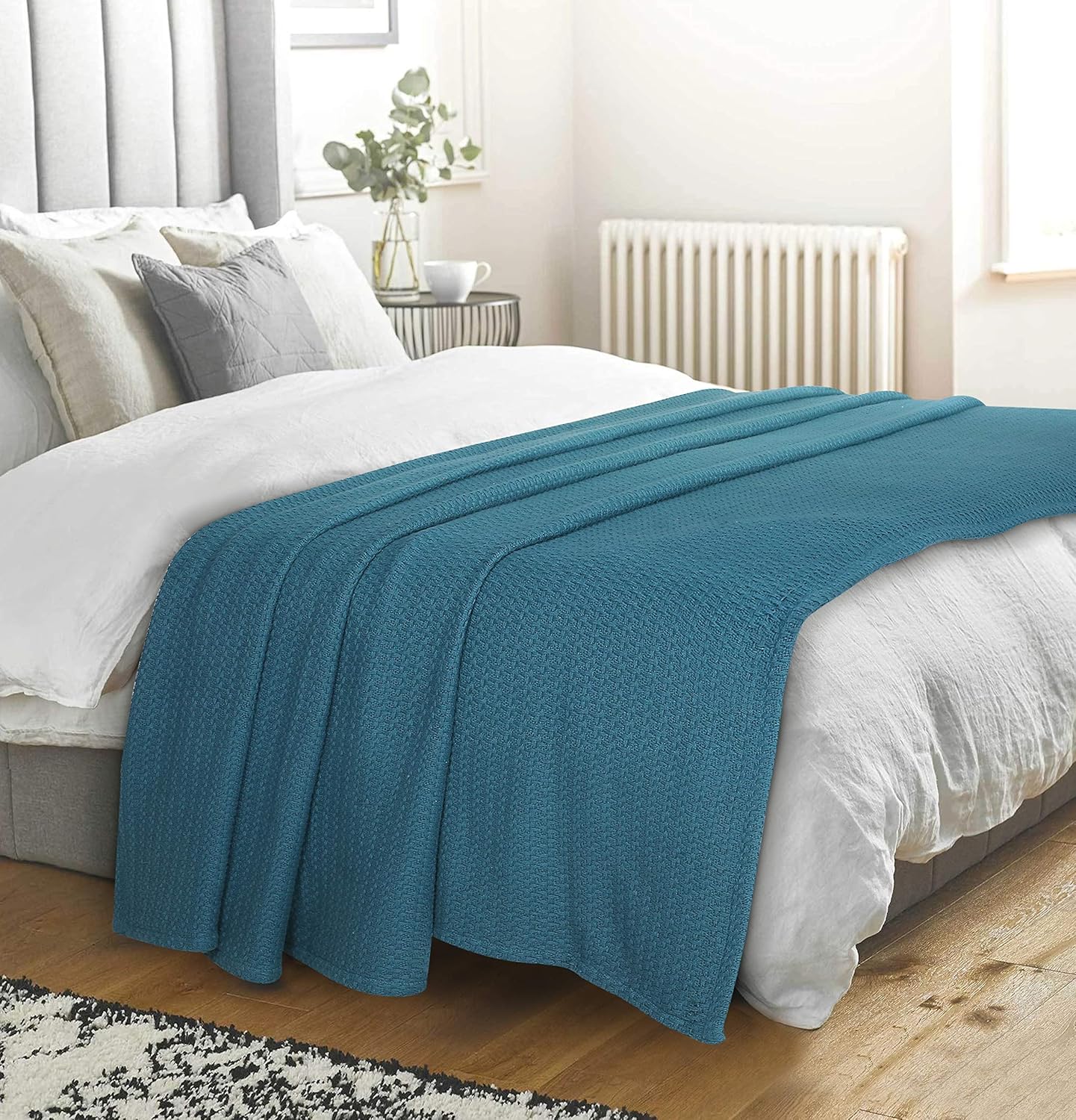 Elvana Home 100% Cotton Bed Blanket, Breathable Bed Blanket Twin Size, Cotton Thermal Blankets Twin, Perfect for Layering Any Bed for All Season, Teal Green