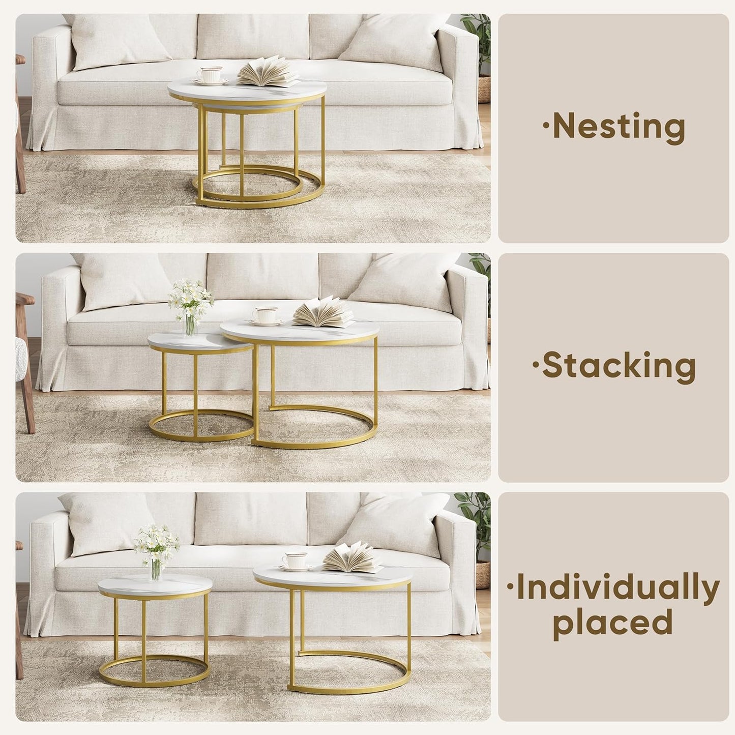 Smuxee White Nesting Coffee Table Set of 2, 27.6" Round Coffee Table Wooden Marble Pattern with Adjustable Non-Slip Feet, Industrial End Table for Living Room Bedroom Balcony