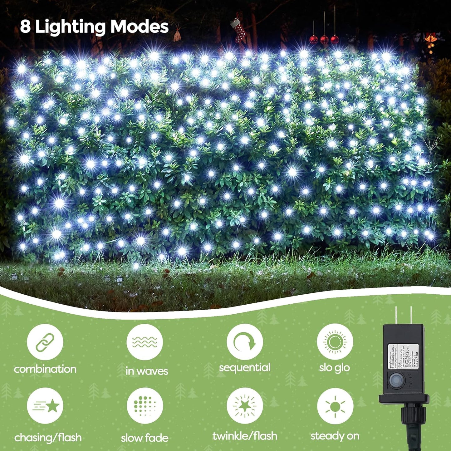 WBao Christmas Net Lights, 200LED 8.4ft x 5.2ft Christmas Lights with 8 Modes, Timer, End to End Connectable, Waterproof Design for Lawn, Bushes, Trees Outdoor Xmas Decorations, Cool White