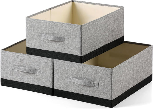 Linen Folding Storage Bins, 3 Pack Large Storage Baskets, Washable, Clothing Storage Bins with Handle, Closet Organizer for Storage Sweater,Sheets (gray black, 18½"x13½"x8½")