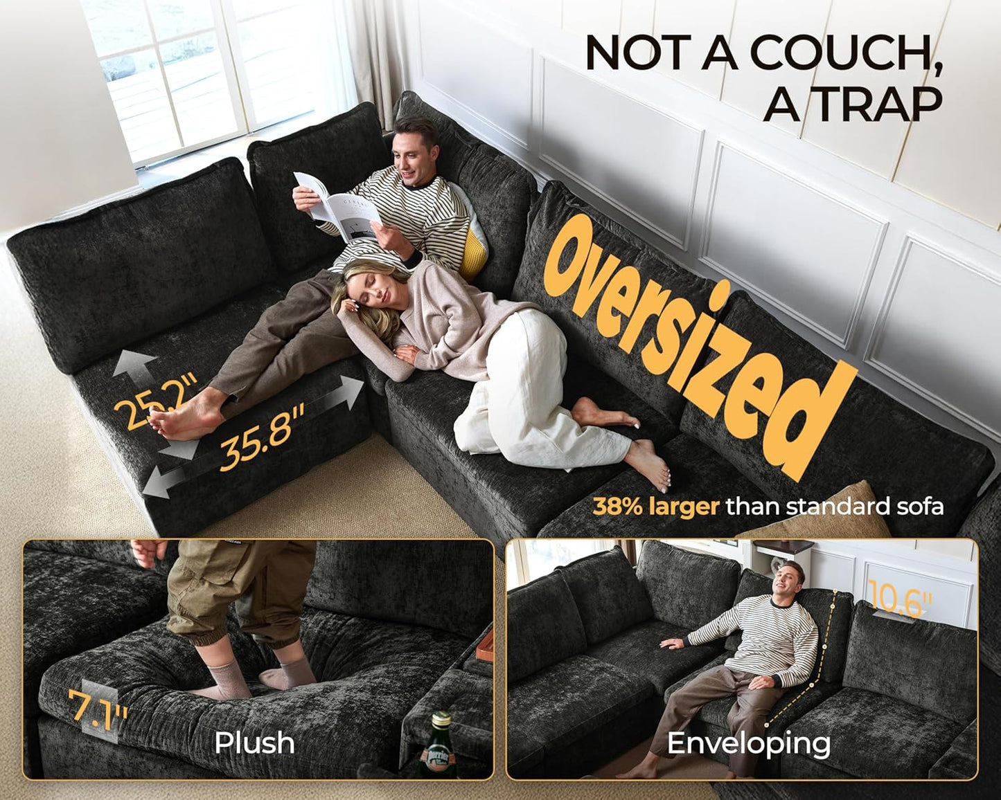 Oversized Modular Sofa Comfy Cloud Couch with Storage, Extra Deep Plush Sectional Sofa Set for Living Room, Covers Washable, Chenille, Olar (Black, 6-Seater with 2 Corners, u-Shaped)