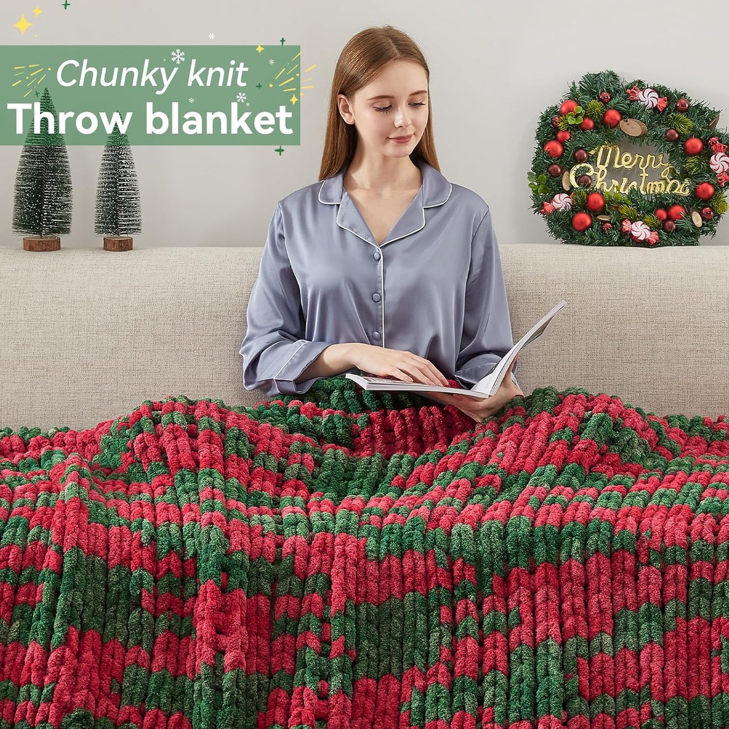 Chunky Knit Throw Blanket, 30''*40'' Knitted Throw Chenille Yarn for Bed Couch, Handmade Stripe Crochet Big Thick Blanket, Machine Washable Cute Comfy Blanket for Home Decor