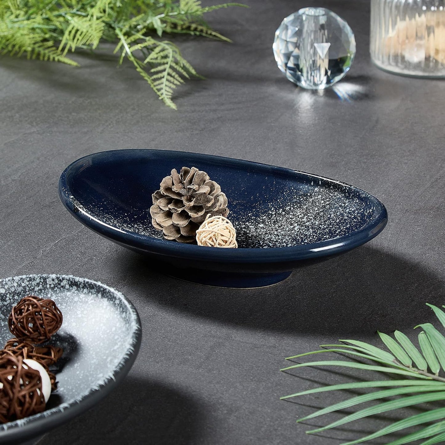 Oval Ceramic Decorative Bowl, Key Dish for Entryway Table, Small Home Decor Accent, Trinket Tray for Office Home Decor Gift (10'' Starrysky Blue with Glaze Layer)