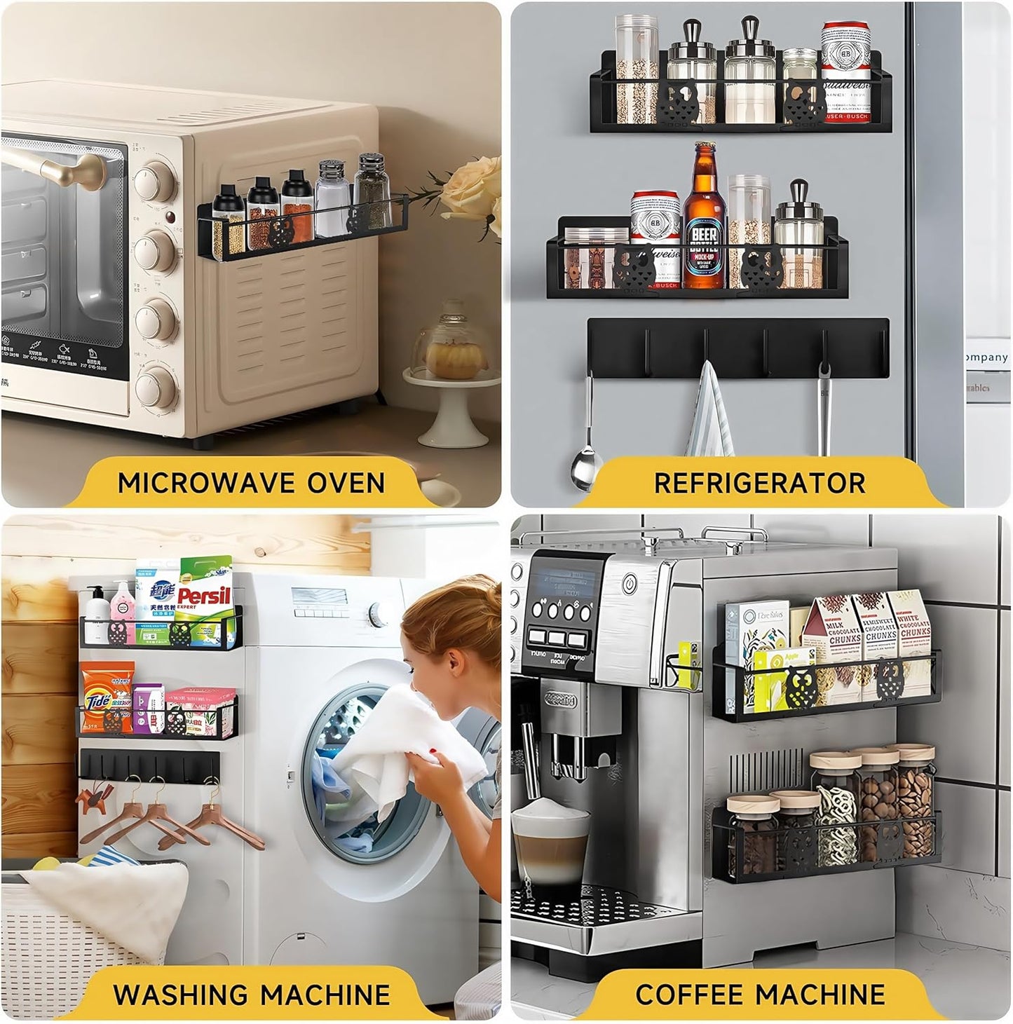 3 Pack Moveable No Drilling Heavy Magnet Spice Rack for Refrigerator Organizers and Storage,Space Saving Kitchen Organization with Magnetic Hooks,Owl Kitchen & Home Decor(Black)