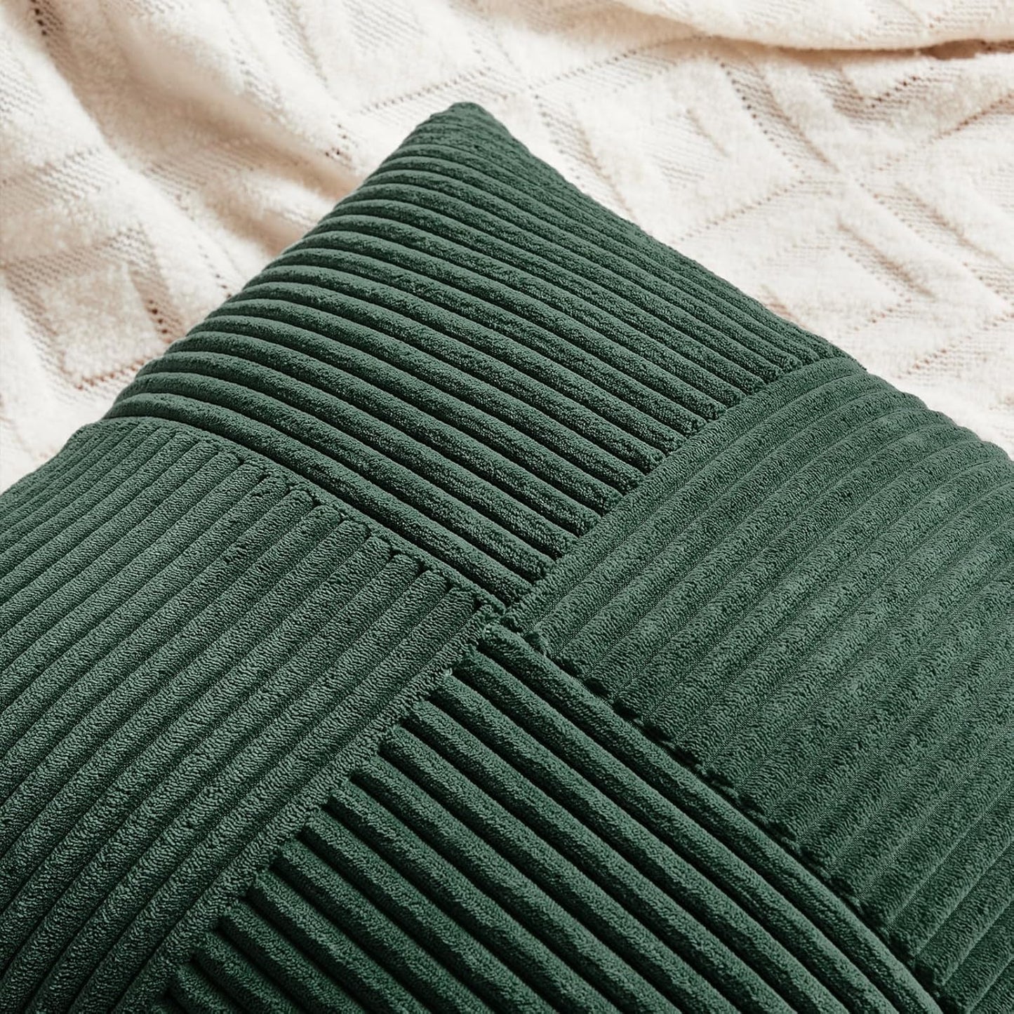 Fancy Homi Set of 2 Dark Green Decorative Throw Pillow Covers 26x26 Inch for Bedroom Couch Bed, Boho Farmhouse Forest Green Home Decor, Soft Corss Corduroy Patchwork Textured Cushion Case 66x66 cm