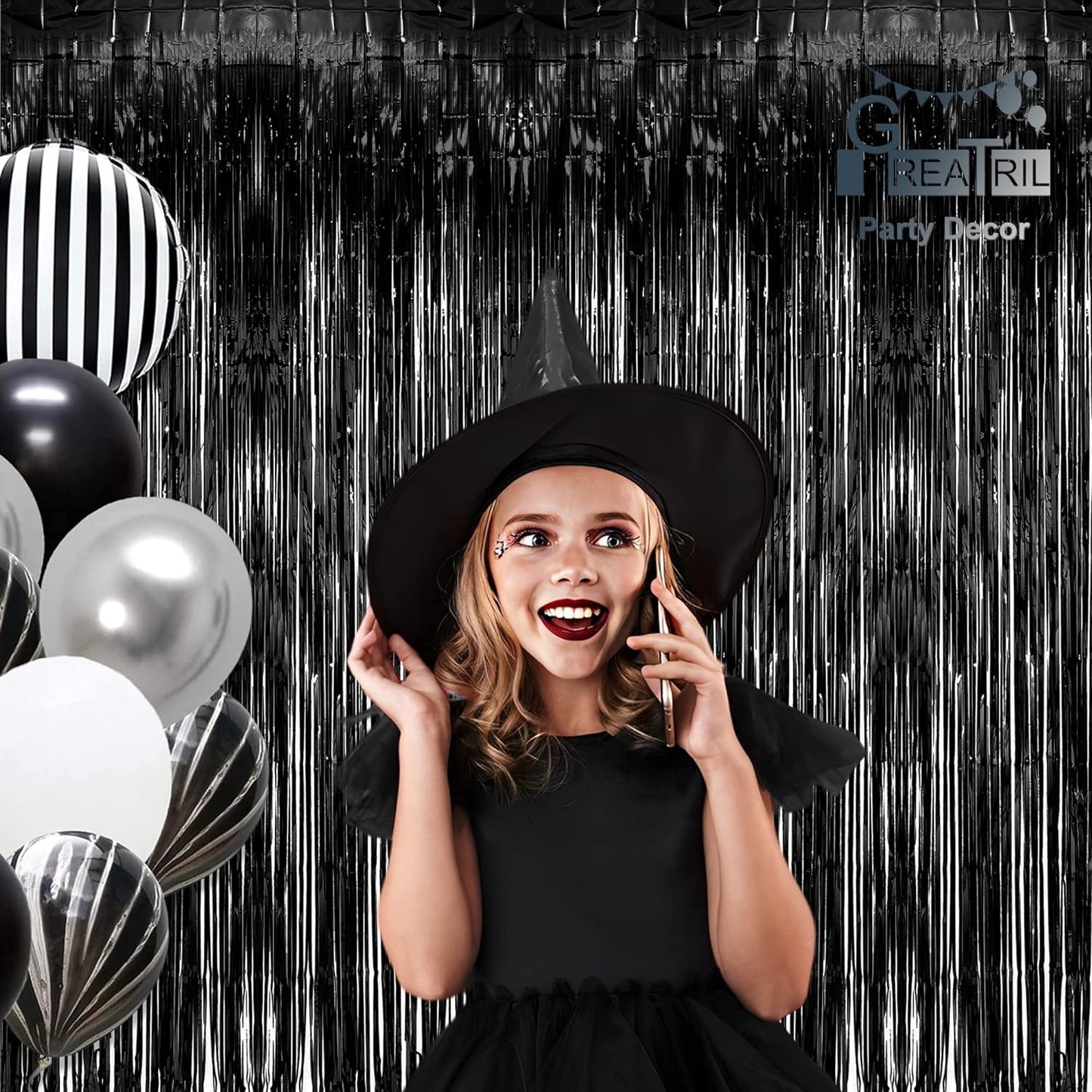 Black Tinsel Backdrop Curtain - GREATRIL Tinsel Curtain Party Backdrop Streamers for Wizard Birthdays/Stranger Theme/Doorway/Halloween Decorations Party - 2 Packs