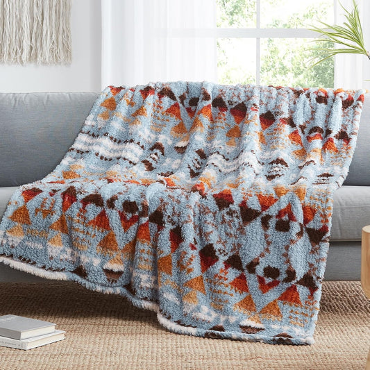 CASAAGUSTO Boho Sherpa Throw Blanket, Aztec Throw Blanket, Ultra Soft, Warm, Cozy, Plush, Thick Fleece Bohemian Blanket for Couch, Bed, Sofa (Blue Grey 50 * 60 Inch)