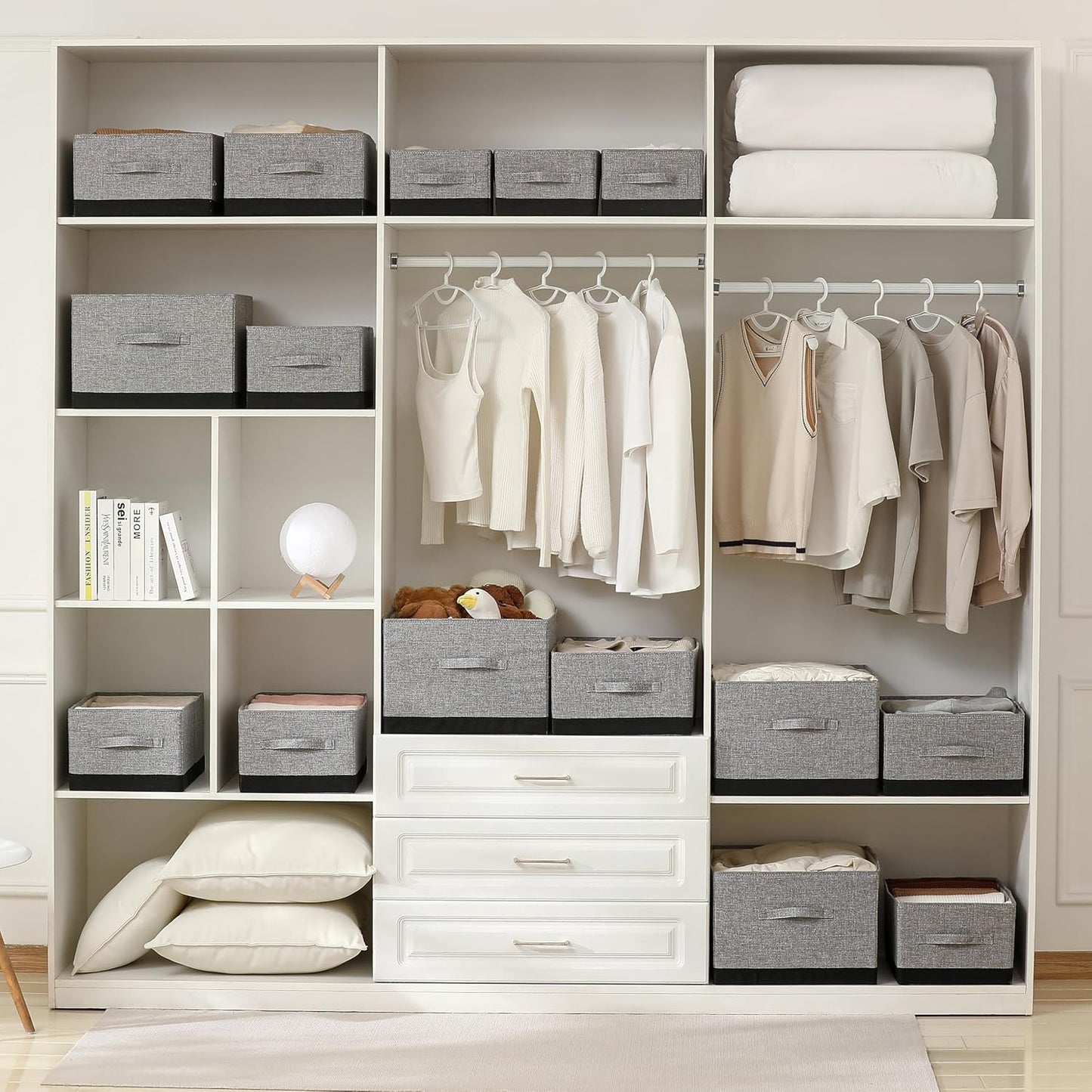 linen closet organizers and storage, 3 Pack Large Storage Baskets, Washable, Clothing Storage Bins with Handle, Closet Organizer for Storage Sweater,Sheets (gray black, 16"x9½"x6¾")