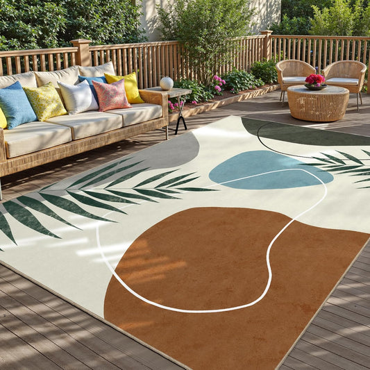 Indoor Outdoor Area Rug, Mid Century Outdoor Patio Rug, Washable Abstract Art Leaves Eucalyptus Rugs, Non-Slip Carpet for Camping, Living Room, Bedroom, Deck(5x8)