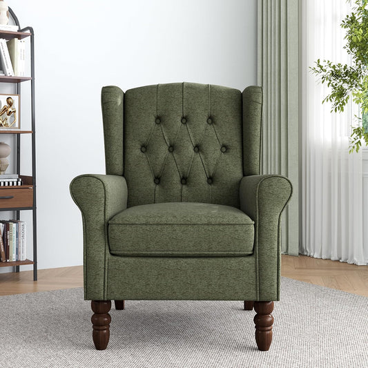 Lumibee High Back Accent Chair,Upholstered Wingback Armchair with Solid Wood Legs for Small Spaces,Comfy Single Sofa Chair for Living Room,Bedroom,Office-Green