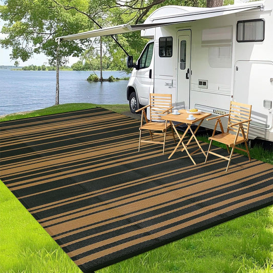 Waterproof Outdoor Rug 8x10 Contemporary Reversible Plastic Straw Rug, Easy Cleaning Striped Patio Carpet, UV-Resistant Indoor Outdoor Floor Cover for RV, Porch, Deck, Backyard, Black Brown