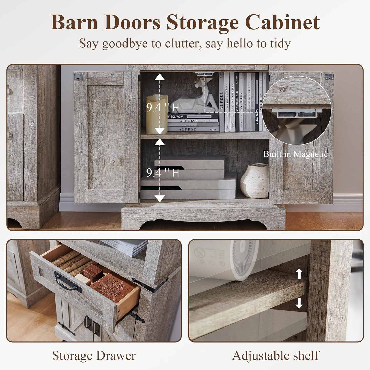 RedLemon Bookshelf with Storage Cabinet, 72" Tall Farmhouse Bookcase with Adjustable Shelves and Barn Door, 4 Tier Office Wood Bookshelf with Drawer for Office Library Living Room (Light Rustic Oak)