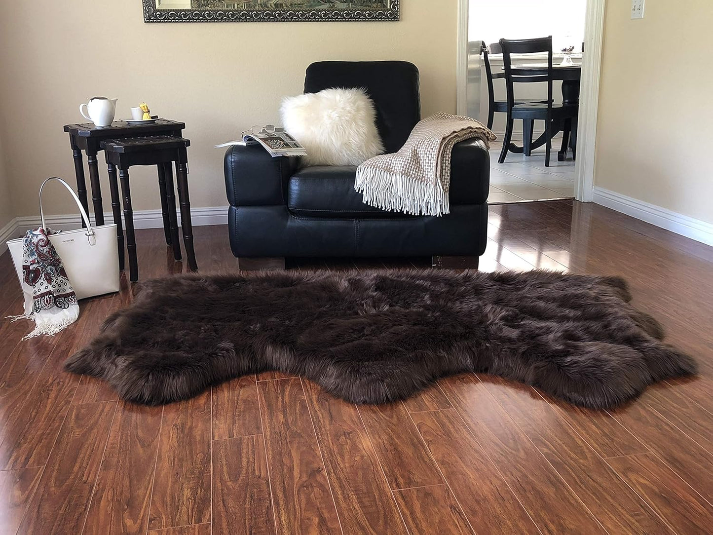 LAMBZY Faux Sheepskin Hypoallergenic Free Shape Silky Shag Rug, Luxury Shaggy Silky Plush Carpet for Bedrooms Rugs Living Room Kids Rooms Sofa Floor (Triple Side by Side 3'x6', Brown)