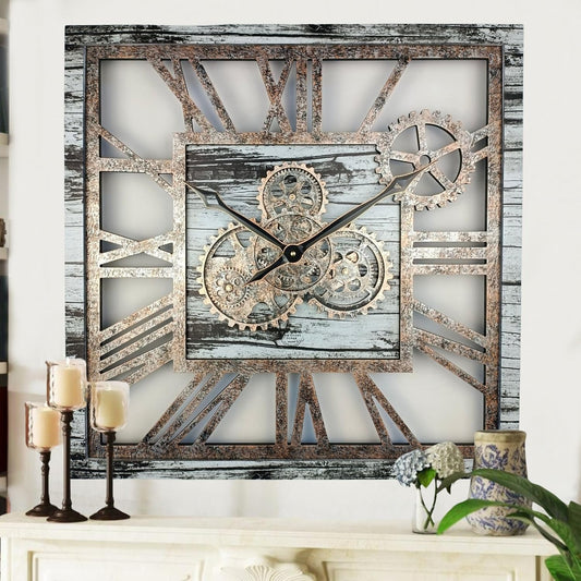 The Gears Clock 24'' Inch Square Real Moving Gear Wall Clock Vintage Industrial Oversized Rustic Farmhouse (Grey and White)
