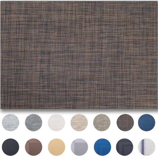 Placemats Set of 6 - Easy Clean Woven Vinyl Placemats for Dining Table, Indoor/Outdoor Place Mats, Washable PVC Table Mats（Black/Brown）