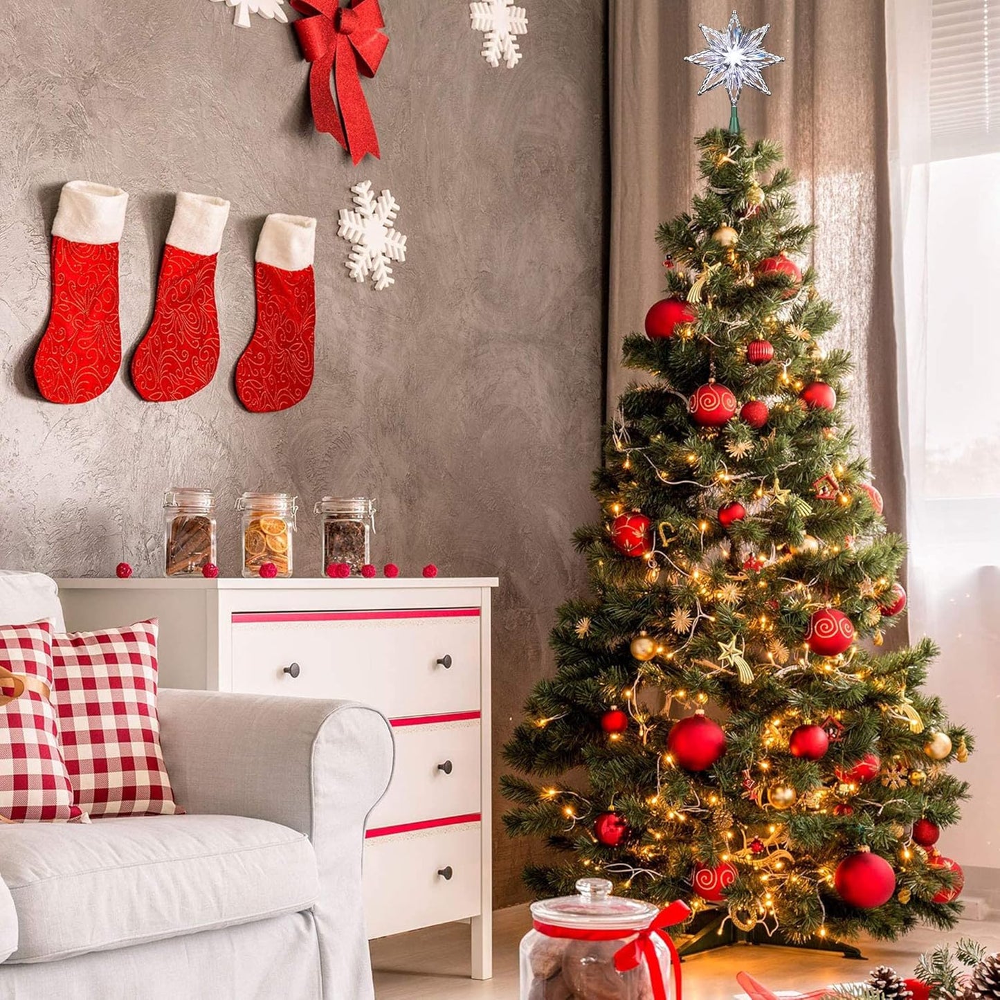 ODEETRONIC Christmas Tree Topper Star, 8in 120V UL Certified Double Sided 8-Point Star Christmas Treetop Lights, Indoor Lighted Christmas Tree Decorations for Xmas Home Party Wedding Decor, Cool White