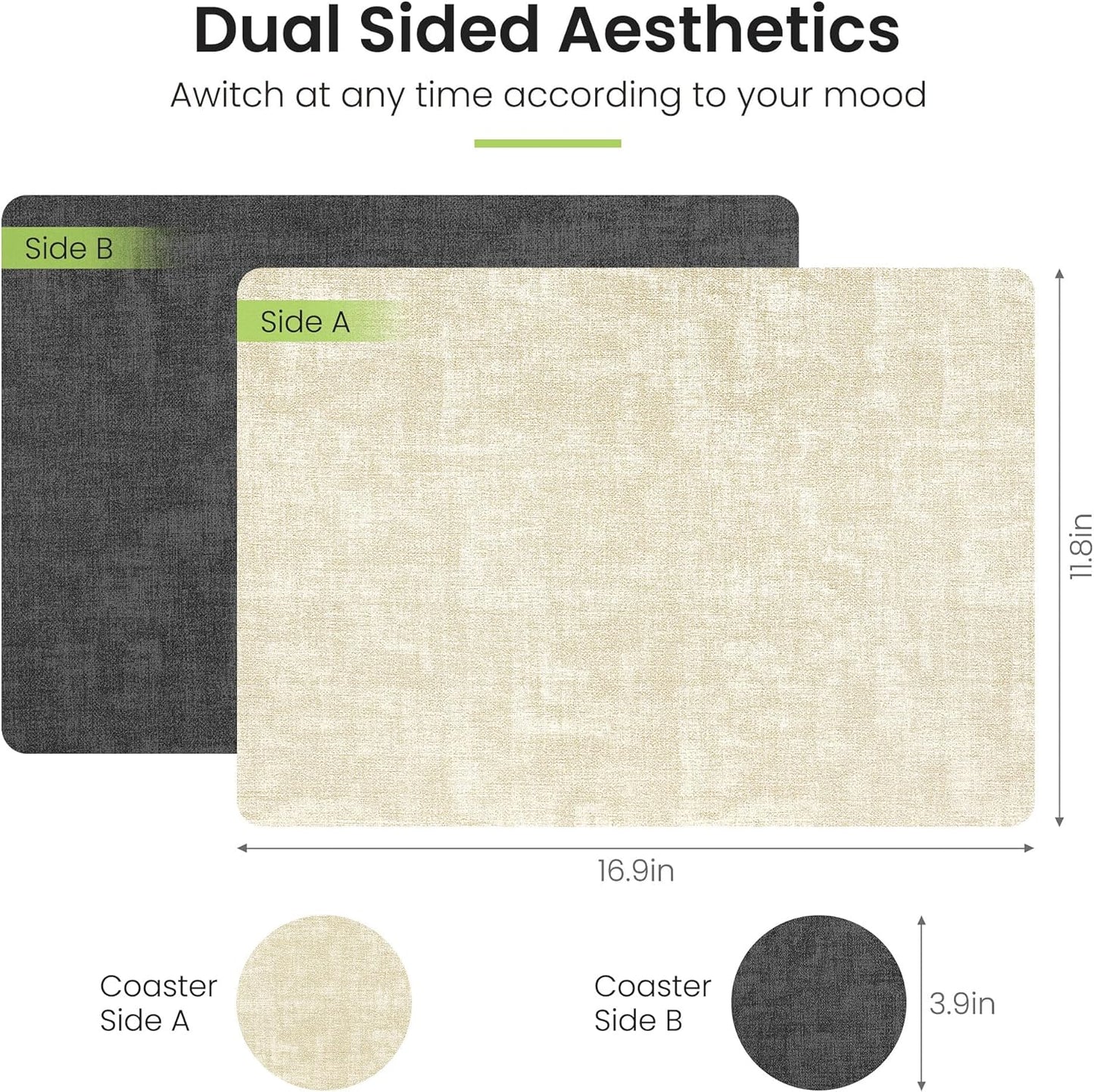 Faux Leather Dual Sided Placemats Set of 6, Square Non-Slip Heat Resistant Placemats with Coaster, Reversible Wipeable Waterproof Table Mats for Kitchen, Dining, Outdoor (6, Black Beige)