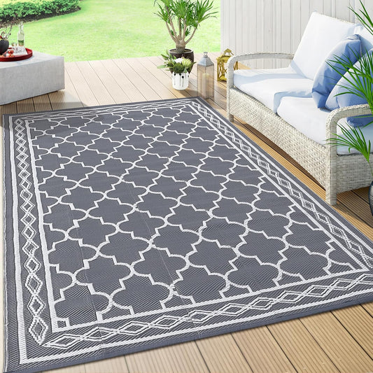 GAOMON Outdoor Rug for Patio 5'x8' Reversible Plastic Rugs Camping Mat for Outdoor, RV, Backyard, Deck, Balcony, Picnic, Beach, Grey/White(Geometric)
