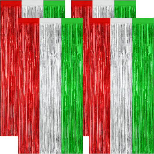 4 Pack Christmas Curtains, 3.28 FT x 7.05 FT Red Silver Green Foil Backdrop, Metallic Foil Fringe Curtains Party Streamer Picture Backdrop, Christmas Door Decorations Photo Props Party Supplies