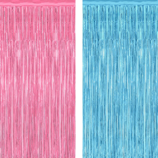 2 Pack Gender Reveal Decorations, 3.28 FT x 7.05 FT Pink and Blue Fringe Backdrop, Metallic Boy or Girl Foil Fringe Curtains Tinsel Backdrop Party Streamers, Birthday Party Decor Photo Booth Props