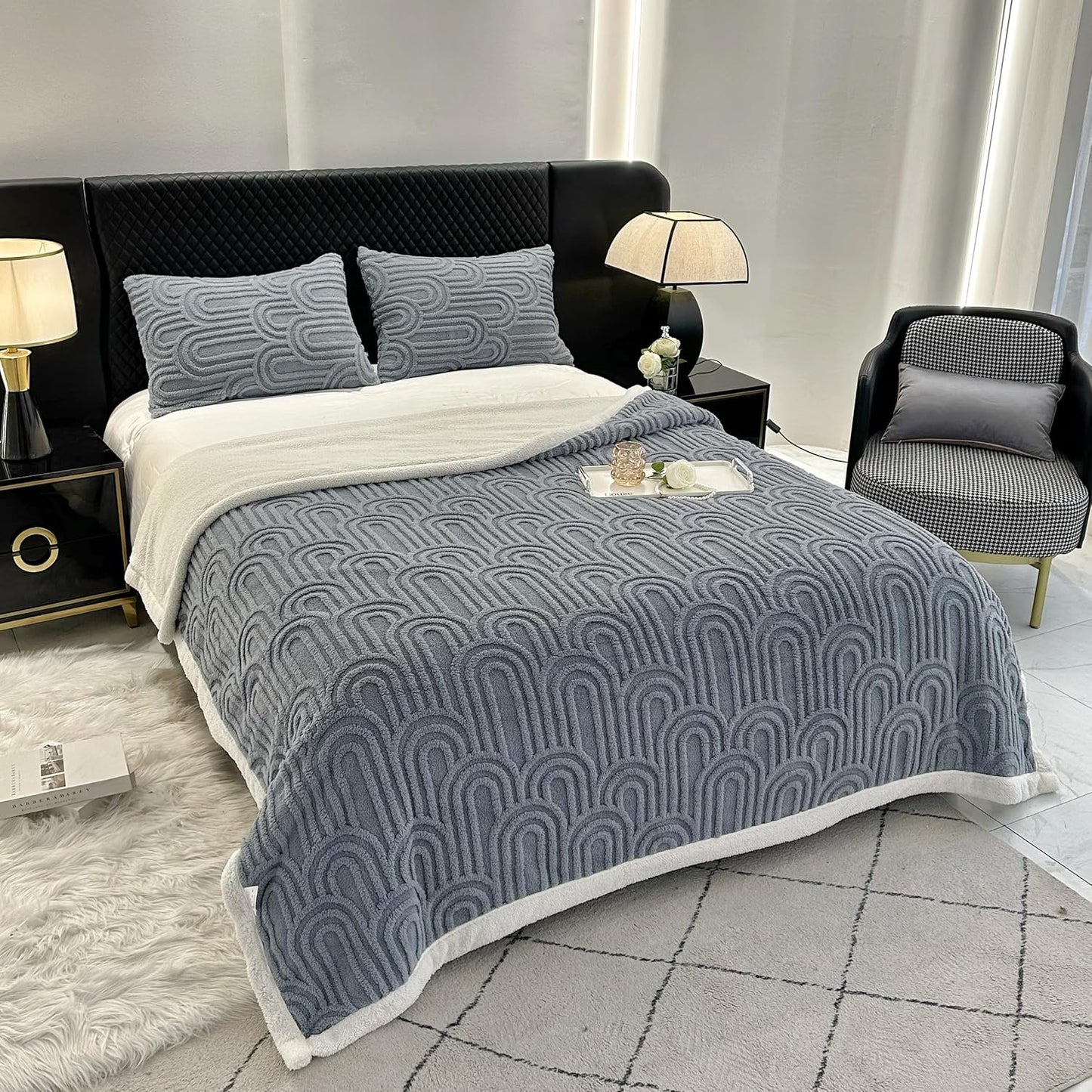 UKELER Sherpa Fleece Blanket 60 × 80 inch, Ultra Soft Twin Size Throw Blanket for All Season, Cozy Plush Arch Blankets for Bed Couch Sofa Office Camping, Blue Grey