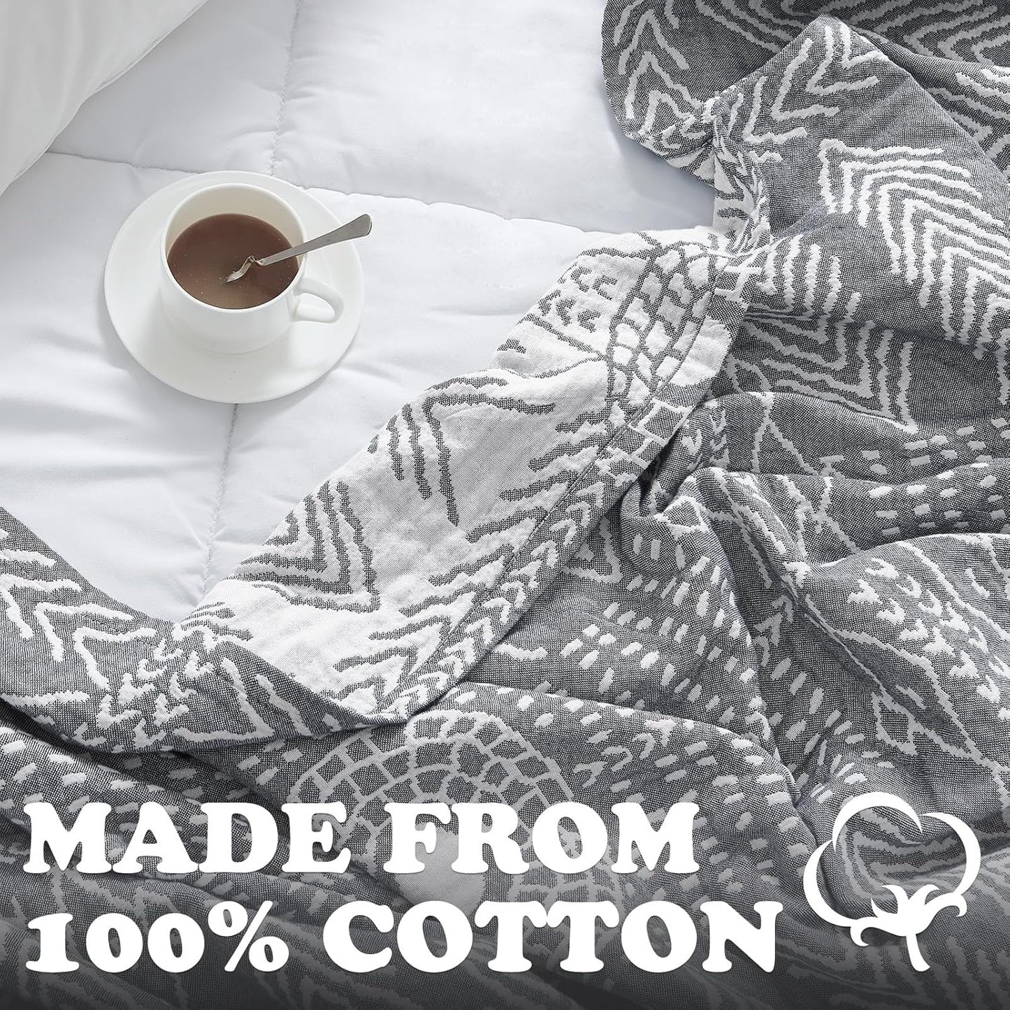 JINCHAN Boho 100% Cotton Muslin Blanket 3-Layer Twin Size Geometric Lightweight Reversible Soft Cozy Throw for Couch Sofa Bed All Season Coverlet Ideal Gift Bedroom Living Room Decor Grey 60x80 Inches