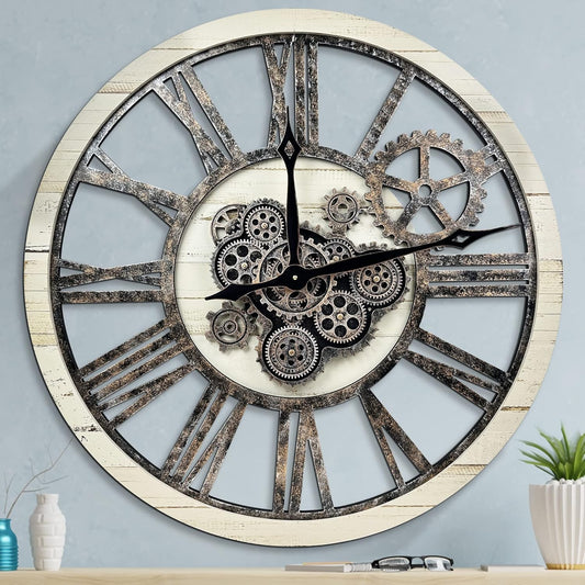 HOIBAI Large Wall Clock, Wall Clocks for Living Room Decor 30 Inch Farmhouse Vintage Rustic Kitchen Wall Decor Vintage Roman Oversized Wall Clock for Home Bedroom House, Moving Gears Clock