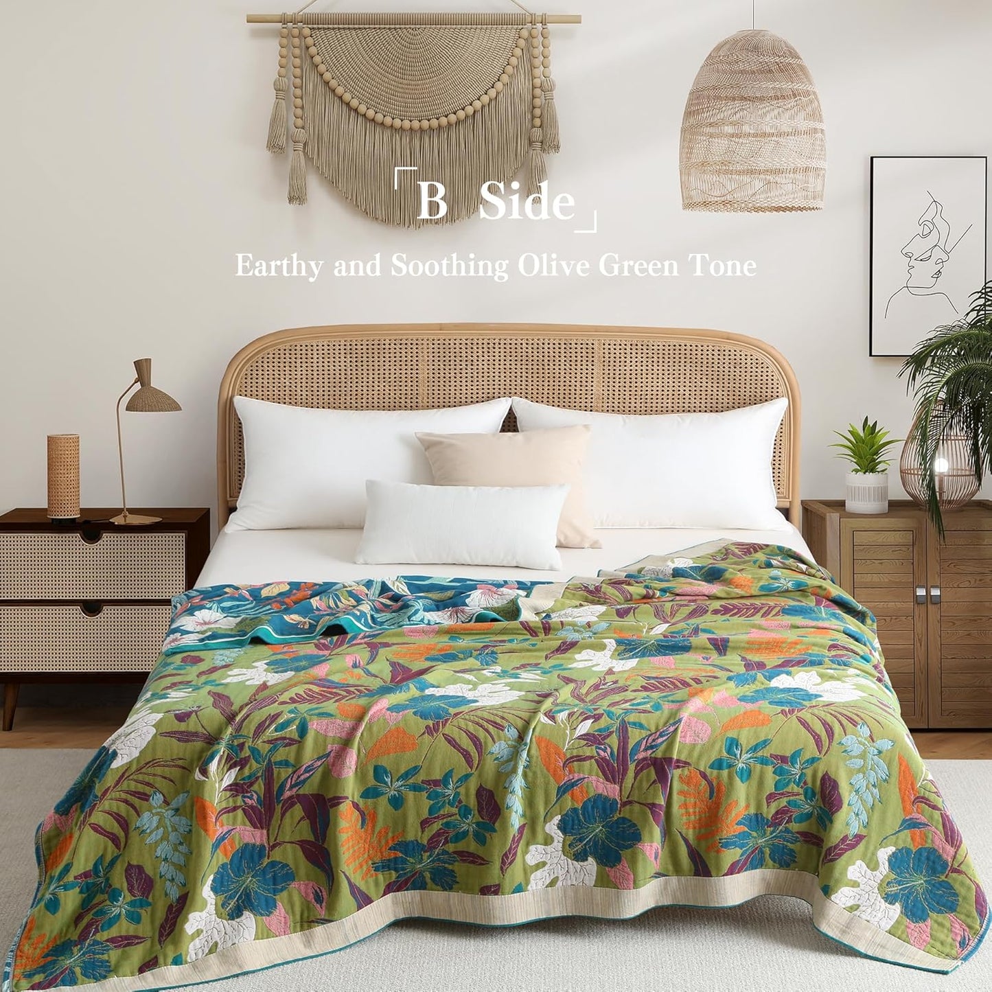 Boho Throw Blanket Twin Size, Soft Cozy Cotton Muslin Quilt Blanket for Bed Decor, Floral Patterned Couch Sofa Chair Cover, Vintage Farmhouse Cottage Tapestry Woven Blanket, Teal&Green