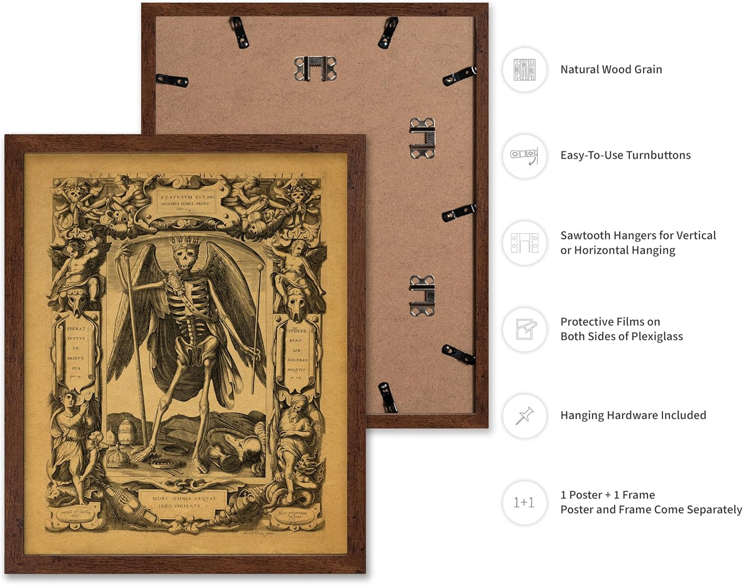 Poster Master Vintage Medieval Poster - Retro Gothic Print - Gift for Artist, Friend - Angel of Death, Memento Mori, Life, Skeleton, Dark - Wall Decor for Home, Living Room, 8x10 Brown Framed