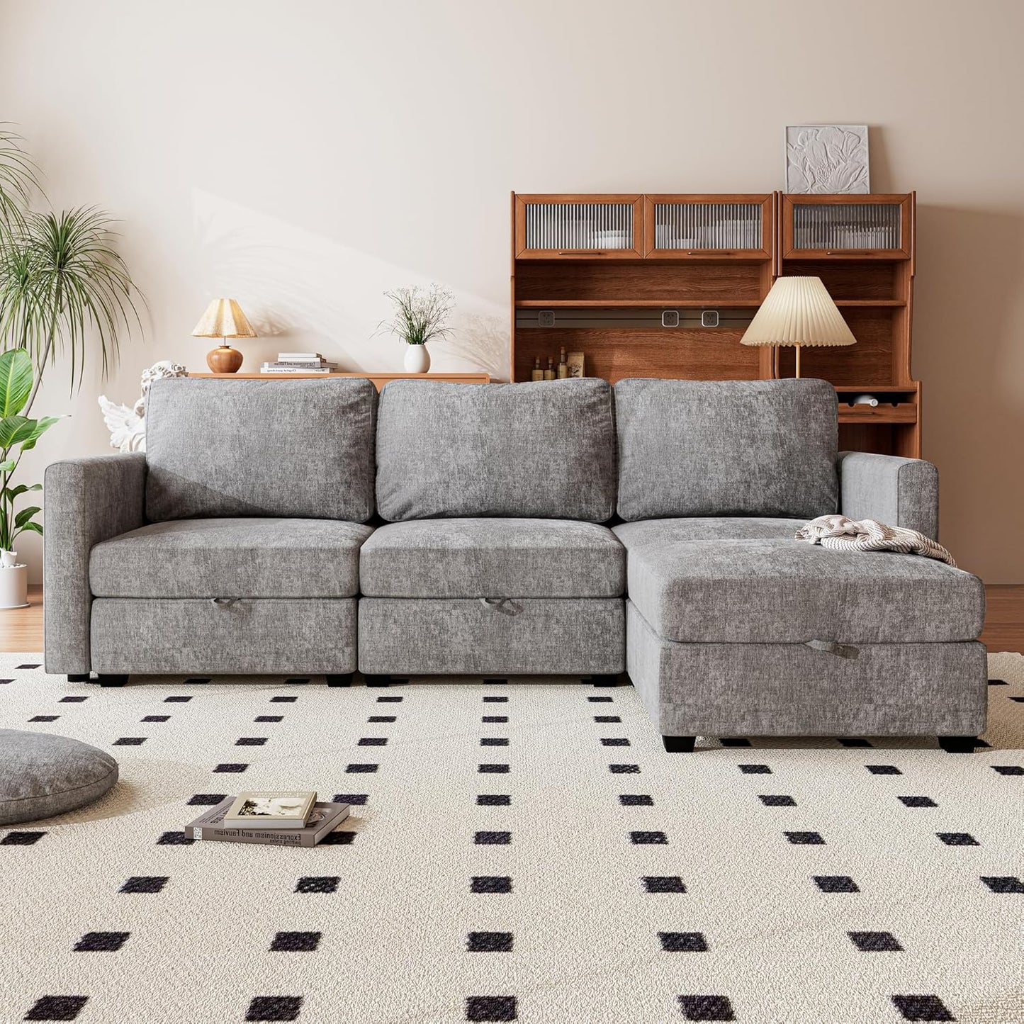 mestyl Modular Sectional Sofa Convertible L Shaped Sofa Couch Set with Storage for Living Room, Modern 3 Seater Modular Sectional Couch with Movable Ottoman (Grey)