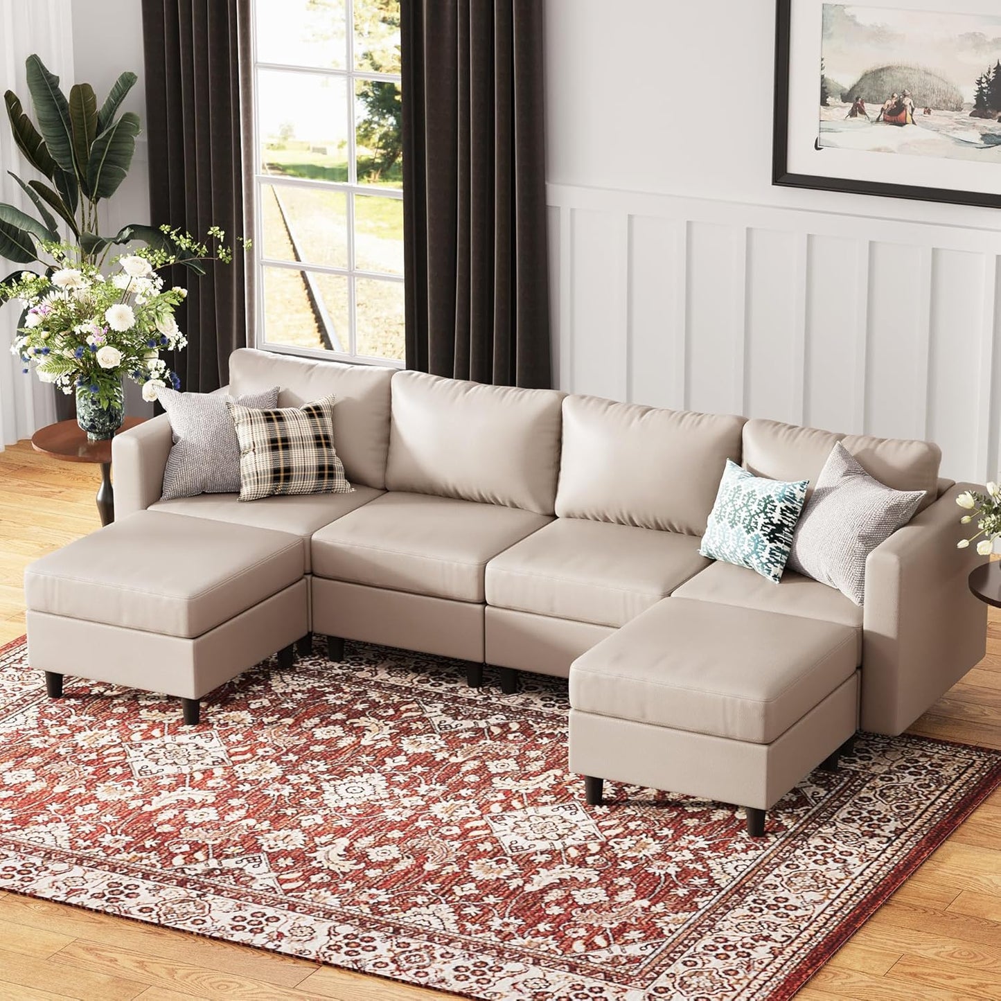 118.5" Oversized Modular Sectional Sofa, Faux Leather 6 Seater U Shaped Couch with Movable Ottoman and Storage Seat with Reversible Chaise Deep Seat for Living Room Whitesand