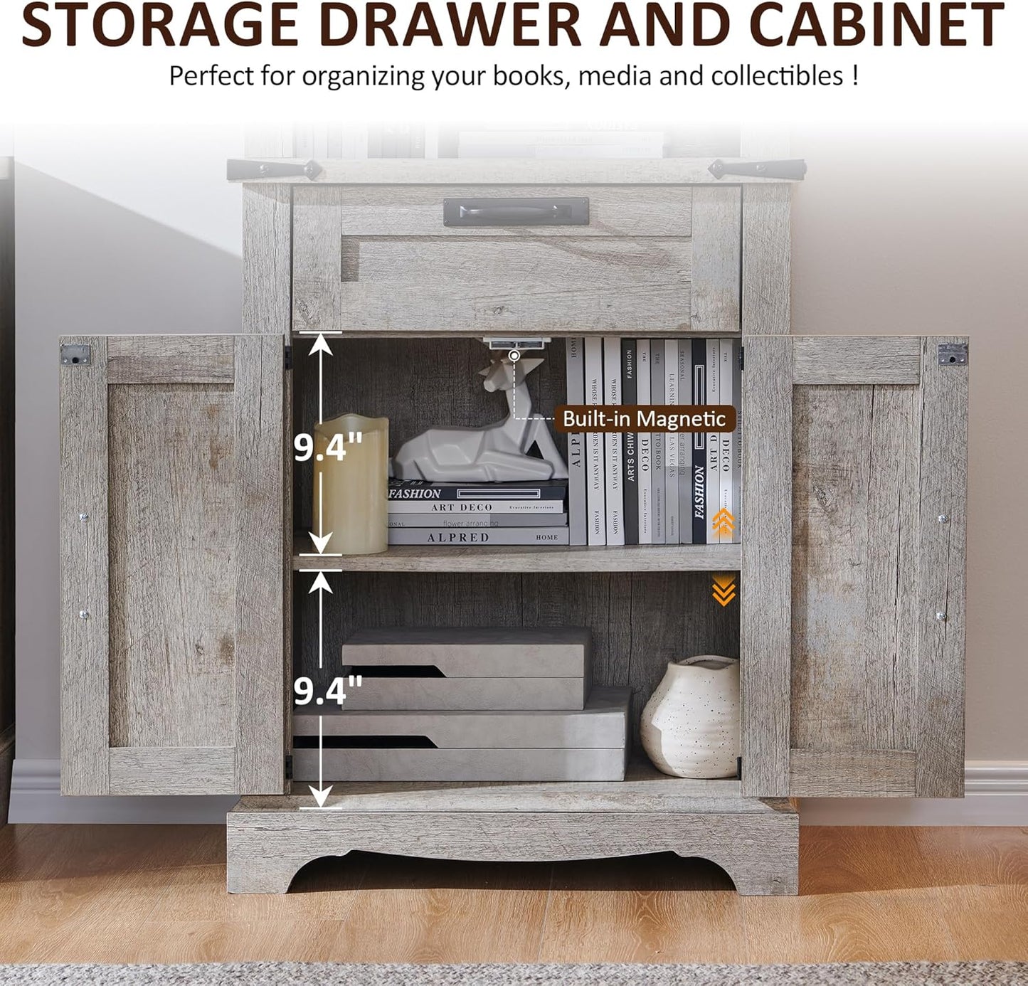 OKD 72'' Tall Bookshelf with Storage, Farmhouse 4 Tier Bookcase w/Barn Door, Adjustable Shelves and Drawers, Rustic Wooden Office Bookshelves for Home Bedroom, Living Room, Library (Light Rustic Oak)