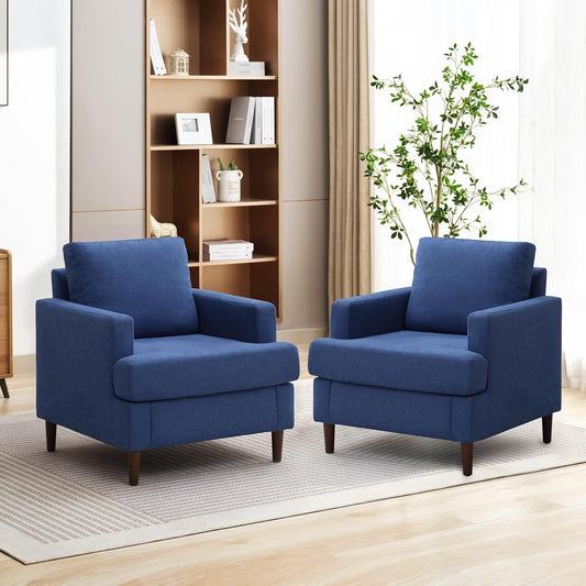 Mid-Century Accent Chair,Modern Linen Fabric Armchair for Living Room,Comfy Upholstered Reading Accent Chairs for Bedroom,Single Sofa Chair with Wood Legs (Blue, 2 Pack)