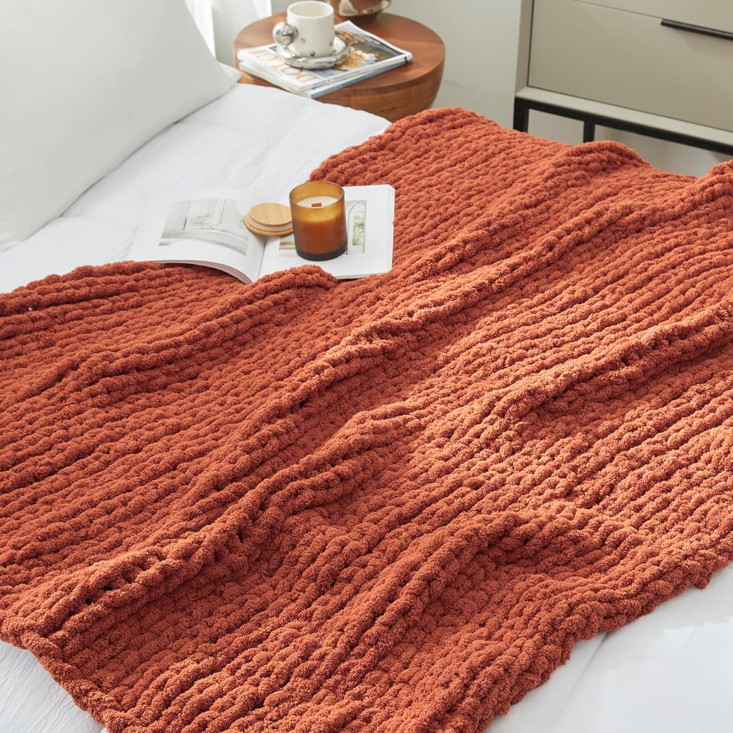 Amélie Home Chunky Knit Throw Blanket for Couch, Soft Chenille Crochet Blanket for Sofa, 50"x60", Burnt Orange
