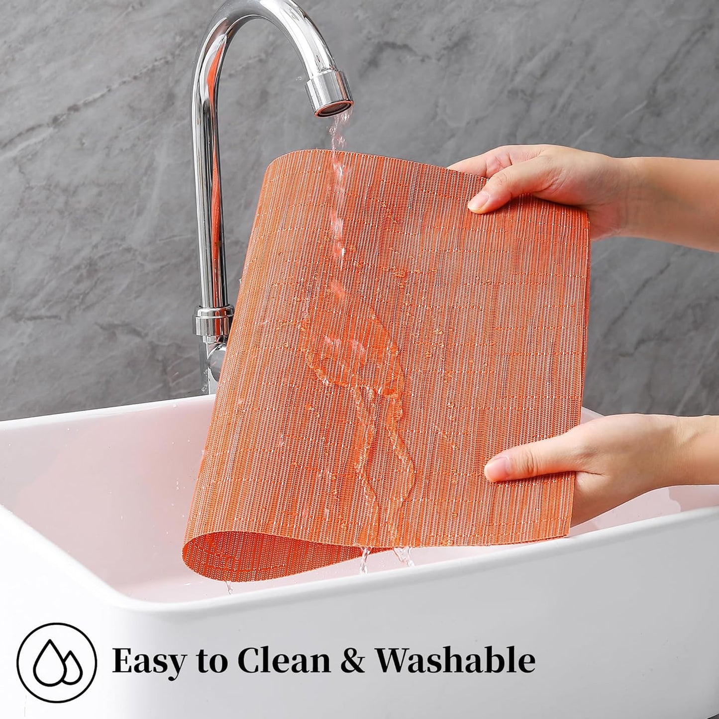 Leetaltree Orange Placemats Set of 12 - Heat Resistant Non-Slip Place mats for Dining Table, Washable Durable PVC Vinyl Woven Table Mats（Orange, 12）