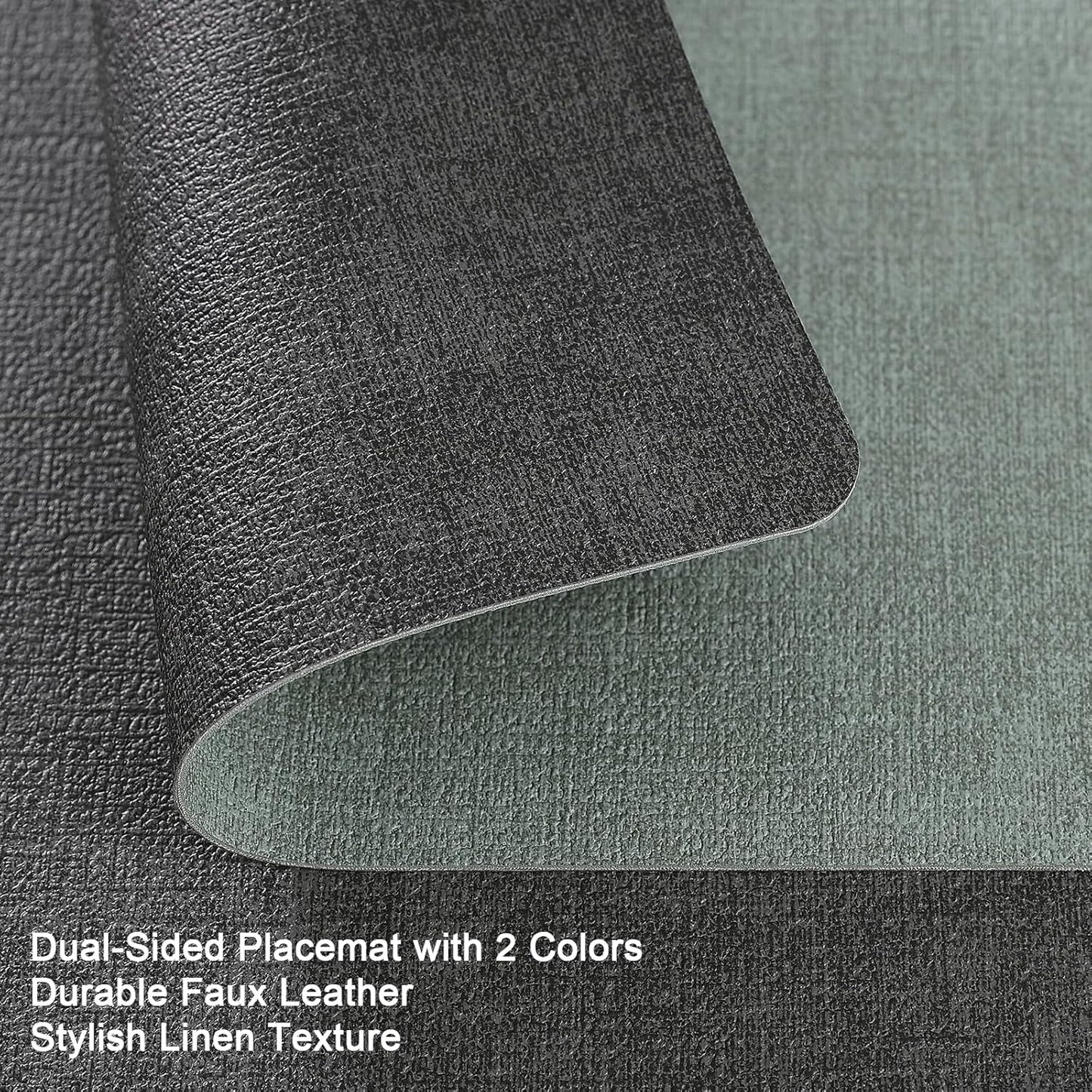 Myir JUN Dual Sided Faux Leather Placemats Set of 4 for Indoor Outdoor Dining Tables, Square Non-Slip Washable Wipeable Table Mats (Gray Sage Green)