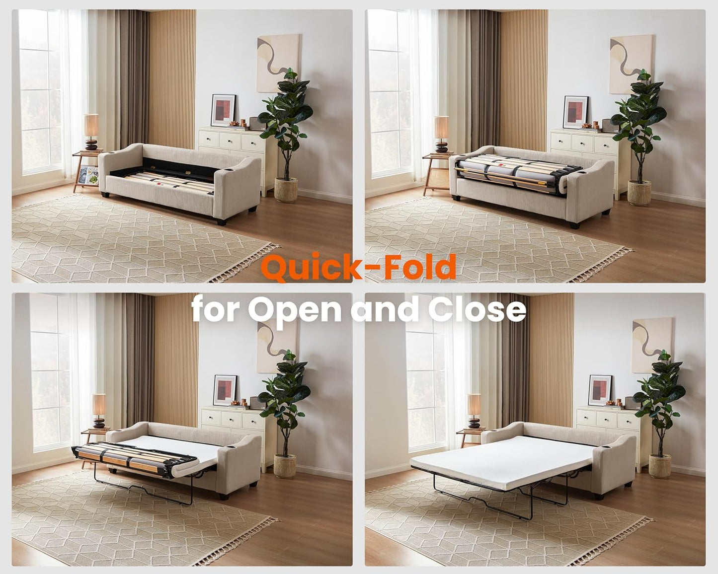 Pull Out Sofa Bed, Full Size Sleeper Sofa, 2-in-1 Convertible Corduroy Couch with USB Charging, Memory Form Couch for Living Room, Apartment and Small Space (Corduroy Beige, Queen Size)