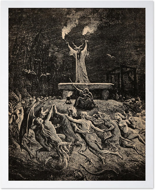 Poster Master Vintage Gustave Dore Poster - Retro Illustration Print - Gift for Gothic, Horror Fan - Dance of Sabbath, Witch, Magic, Spell - Wall Decor for Bedroom, Dorm, 11x14 White Framed
