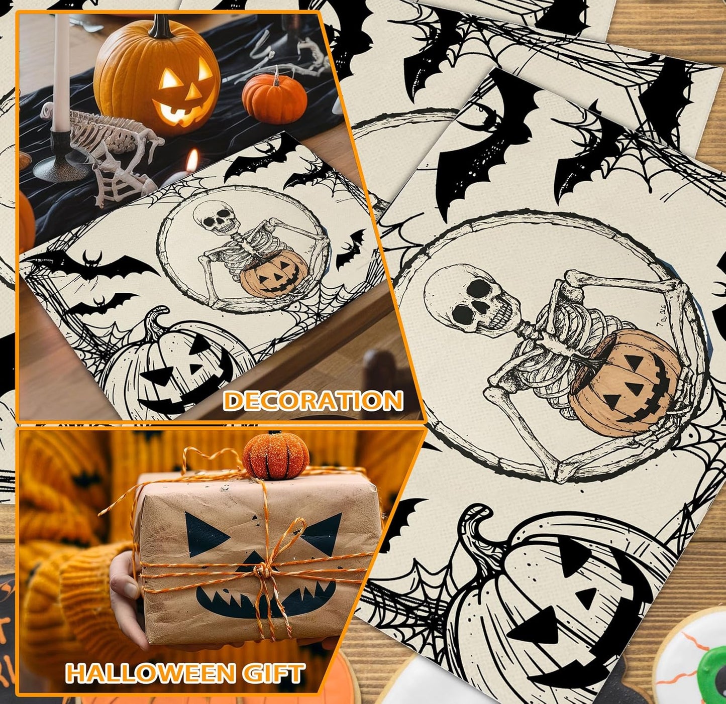 Halloween Skeleton Placemats Set of 4, 12x18 Inch Pumpkin Bats Table Mats, Washable Heat Resistant Place Mats for Kitchen Dining Table, Spooky Themed Decoration for Home-B11