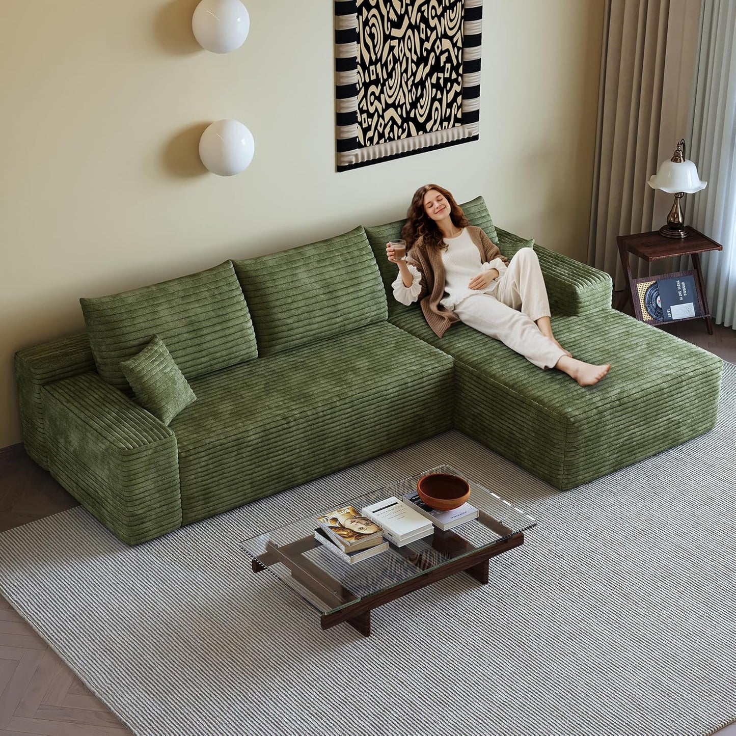 108" Sectional Couches for Living Room Modern Modular Sofa with L-Shape Couchs Upholstered Boneless Couch Deep Seat Sectional Couch with Chaise (Green, Right Facing Chaise+2Seaters)