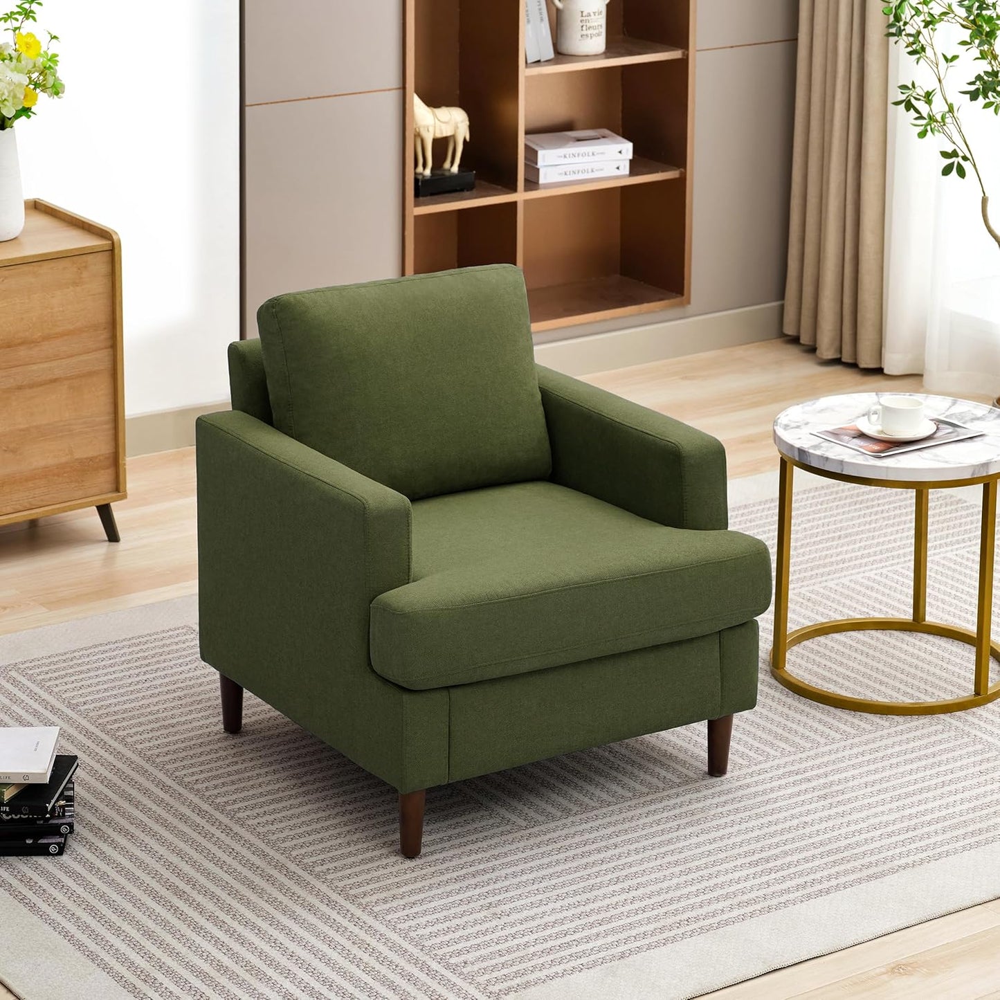 Mid-Century Accent Chair,Modern Linen Fabric Armchair for Living Room,Comfy Upholstered Reading Accent Chairs for Bedroom,Single Sofa Chair with Wood Legs (Green, 1 Pack)