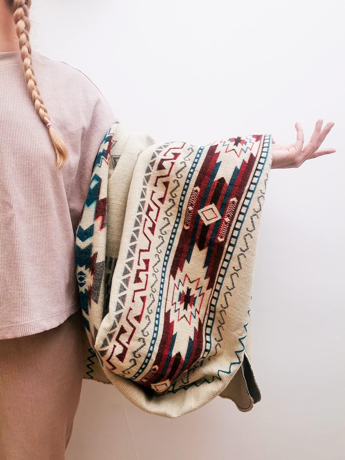 Inca Aztec Throw, Queen, King Blanket | Southwest Indian Navajo Boho Style | Native Cover for Camping, Bedding, Couch, Vanlife | Faux Alpaca, Lightweight, Hypoallergenic (Chimborazo Beige, Queen)