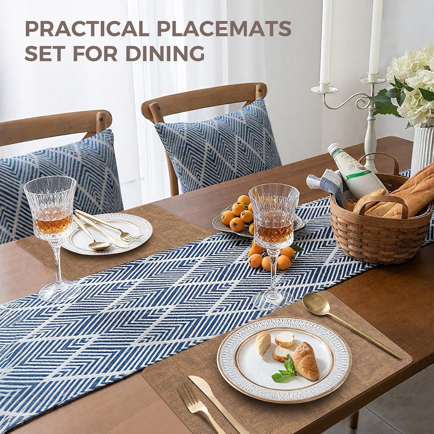 Vinyl Placemats Set of 6, Faux Leather Waterproof and Heat Resistant Place Mats, Washable Anti-Slip Table Mats with Coaster, Wipeable Placemats for Indoor & Outdoor 17" x 12" (Light Brown, Set of 6)