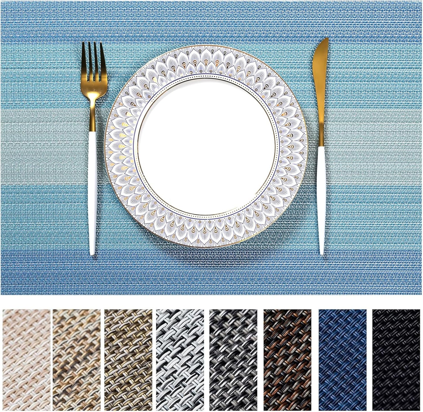LEXMORE Placemats Set of 8 Vinyl/Plastic Woven Place Mats for Kitchen Table Indoor/Outdoor Washable Placemat Wipeable Dining Table Mats(Ocean Geode)