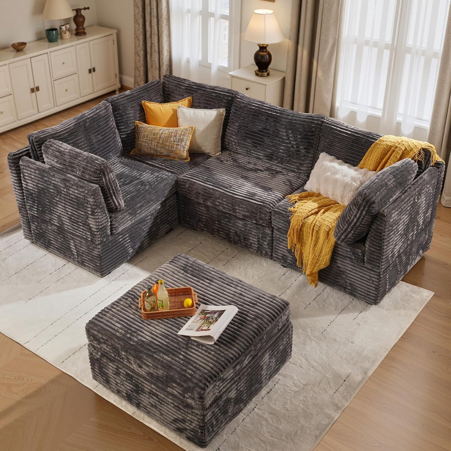 ovios Sectional Sofa Couch with L-Shape Chaise Sofa Bed, Comfy Modular Cloud Couches with Deep Seat, Modern Upholstered Plush Corduroy Sofas Set for Living Room, 5-Seater, Grey