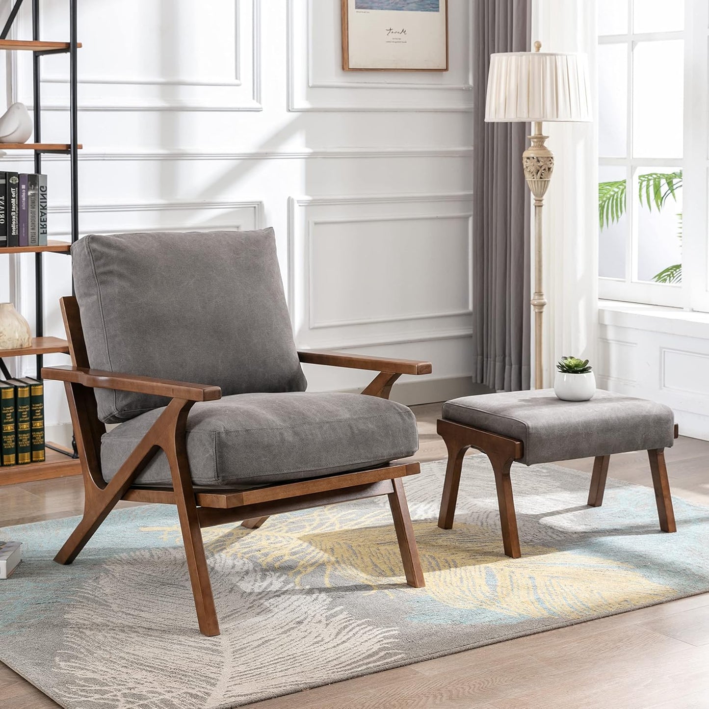 chairus Mid-Century Modern Accent Chair with Ottoman, Linen Fabric Armchair with Wood Legs Comfy Upholstered Single Sofa Chair for Living Room/Bedroom/Lounge, Grey
