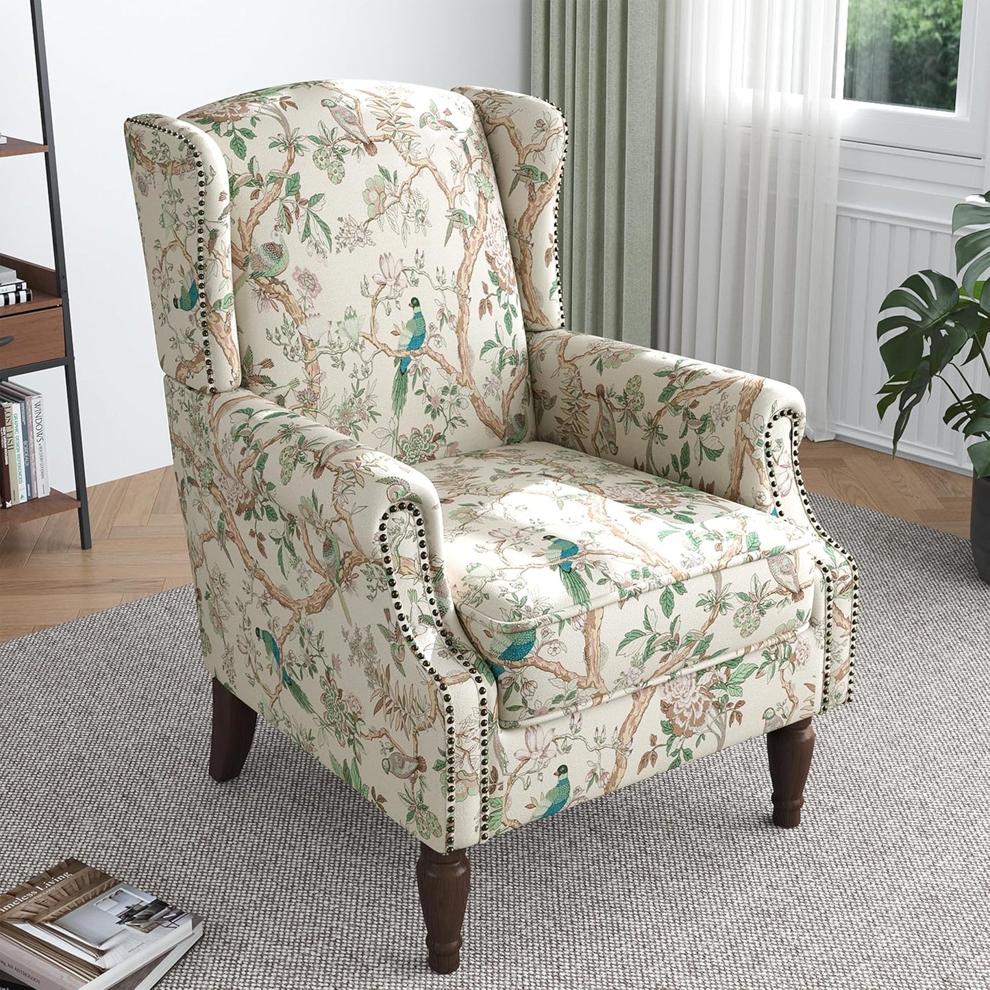 Lumibee High Back Accent Chair, Armchair in Fabric,Comfy Upholstered Wingback Single Sofa Reading Chair with Solid Wood Legs for Living Room,Bedroom,Office-Bird