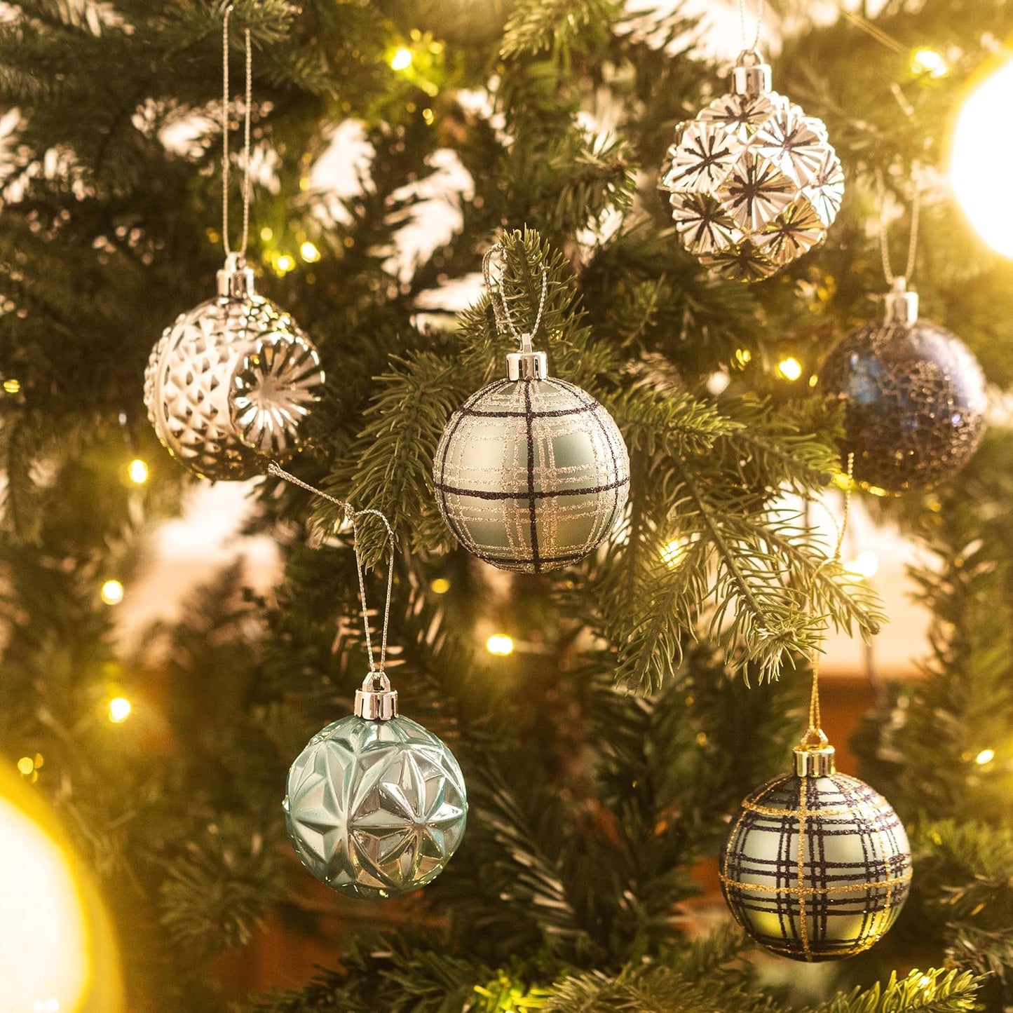 Valery Madelyn Ornaments for Christmas Trees, 16ct 2.36 Inches Navy Blue and Silver Shatterproof Christmas Tree Decorations, Luxury Hanging Ball Ornaments for Xmas Holiday Party Decor