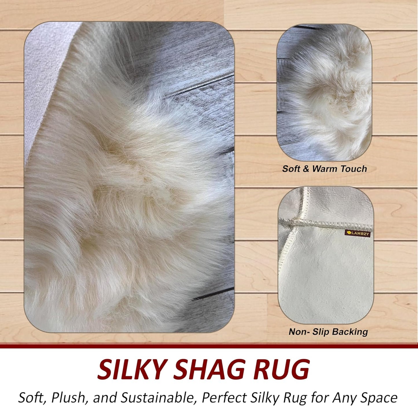 LAMBZY Faux Sheepskin Soft Hypoallergenic Free Shape Silky Shag Rug, Luxury Shaggy Silky Plush Carpet for Bedrooms Rugs Living Room Kids Rooms Sofa Floor Rugs (Single 2'x3', 60x90cm Cream)